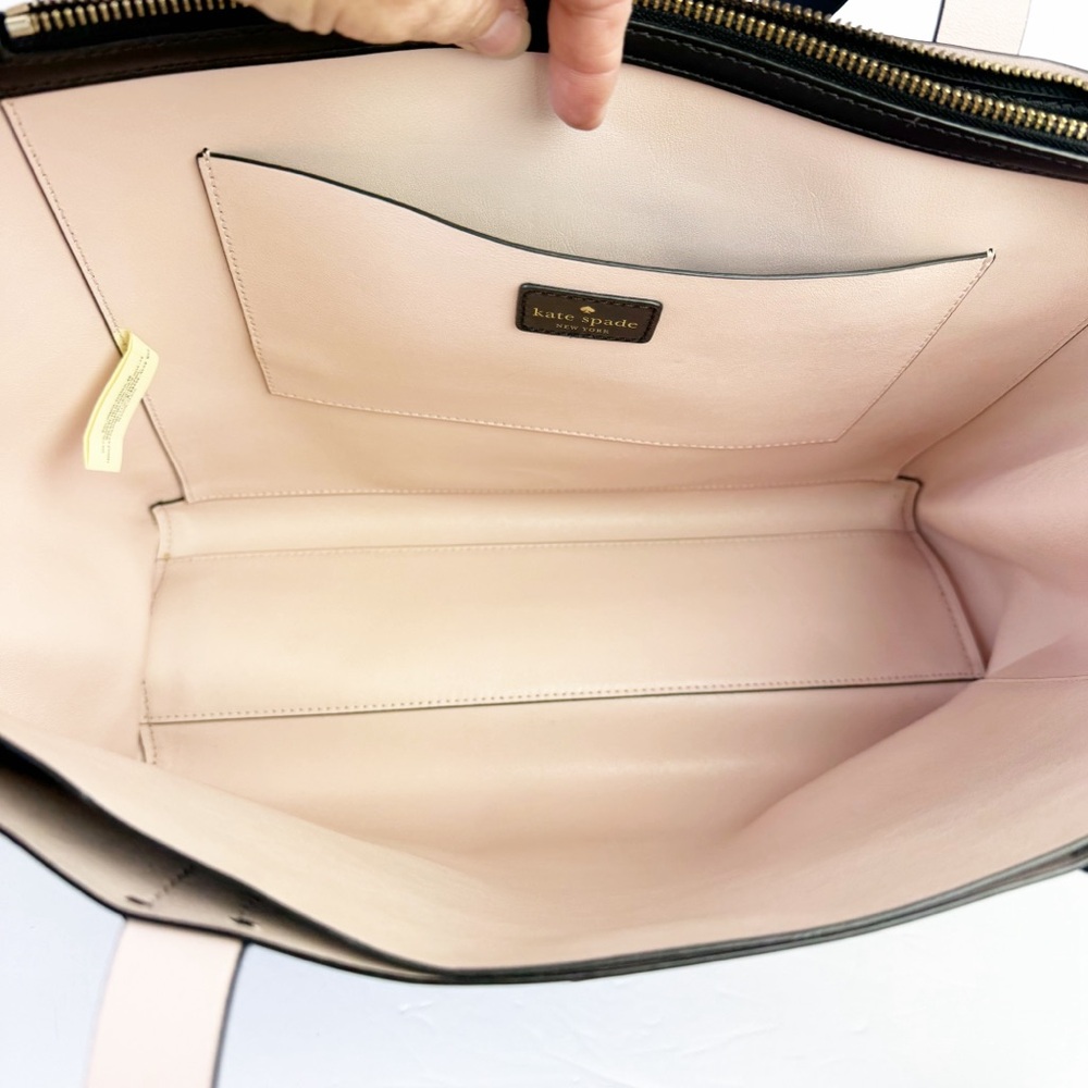 Kate Spade Black Pale Pink Leather Large Work Tote Bag 12x14 - Picture 6 of 16